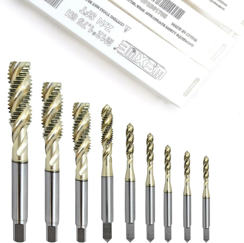 WEXWE Tools ZrN Coating Spiral Flute Taps 3 Flutes HssCo Taps for Steel, Machine Screw Tap Set,M2 M2.5 M3 M4 M5 M6 M8 M10 M12 Thread Tapping Tool 9cps - Image 1